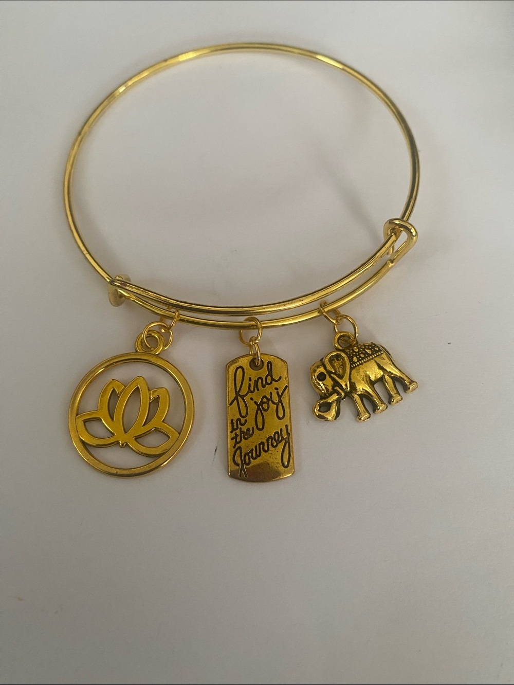 Hand Crafted Gold Lotus & Elephant Charm Bangle with Inspirational Tag